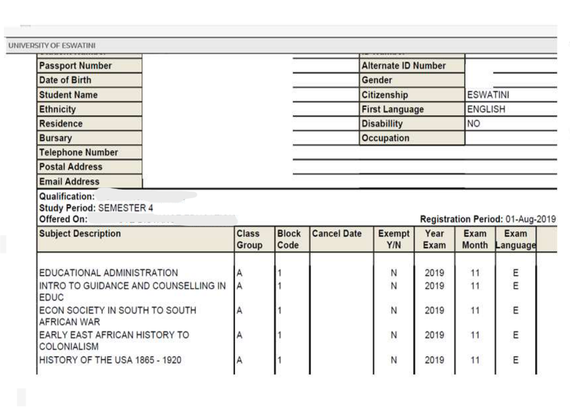 Enrolment Detail showing registered courses